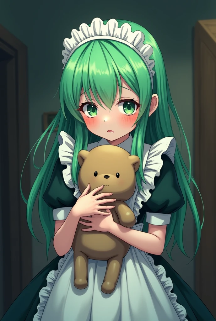 Masterpiece, best quality, 8K Wallpaper, HDR, octane rendering, (A , cute face: 1.3), (4 year old girl), alone, (Cute: 1.0), (small body, little white dress) , (long green hair), (beautiful and detailed green eyes), shy face, blush, (Cute and detailed face with perfect symmetry), (cowboy shot), (Standin in a biological laboratory holding a brown teddy bear), (body with perfect anatomy, perfect natural texture, high details, glowing skin), cinematic lighting, vivid colors, detailed illustration, depth of field.