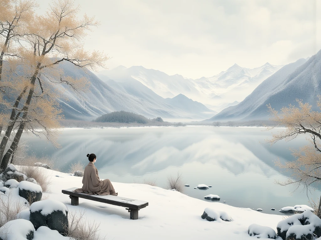 A serene and ethereal winter scene depicted in the style of a hyper-realistic Chinese ink wash (shuimo) painting. A young Japanese woman, dressed in a long, heavy winter coat and a scarf, sits gracefully on a rustic wooden bench near a tranquil, snow-covered lake. The lake is rendered with soft, fluid ink strokes, surrounded by snow-dusted rocky shores and frozen, crystal-clear waters. In the background, undulating mountain ranges are partially veiled in delicate mists, with their peaks blanketed in snow, crafted using expressive brushwork. The trees are adorned with frost and snow, their intricate forms created with precise gradients of ink. The diffused winter sunlight filters through the clouds, captured in soft washes and ink splatters, casting a gentle golden glow over the scene. The composition harmoniously blends traditional shuimo painting techniques with hyper-realistic details, evoking a timeless and dreamlike winter beauty.