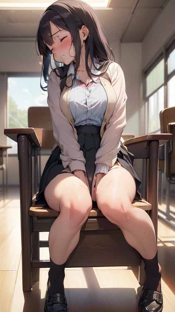 (masterpiece,beautiful,hughres,CG,8k,16k,best quality,high-resolution,detailed fingers,detailed hands,detailed legs,detailed eyes:1.7),(from side:2.5),(panties focus:1.8),(1girl,Alone:2),(During class,classroom,school:2),(sit in school chair,Extend your legs on a chair:2),(school uniform:1.8),(black hair,long hair,blazer,shoes,black tights,pleated skirt,black skirt:1.8),(large breasts:2),(black panties:2),(sitting),(Lean back,Lean on the back of a chair,reclining:1.8),(knees_together_feet_apart,knees to chest:2),(nsfw:1.2),(female masturbation:2),(hand in panties:2.5),(female orgasm,pussy juice:1.7),(trembling:2),(gasping,heavy breathing,blush:1.7),(impatience:1.1),flustered,(fidgeting around:1.6),(steam:1.2),(sweat skin:1.4),(streaming tears:1.2),drooling,looking down,(spoken heart:1.2),(closed eyes tightly:1.5),(biting own lip:1.4)