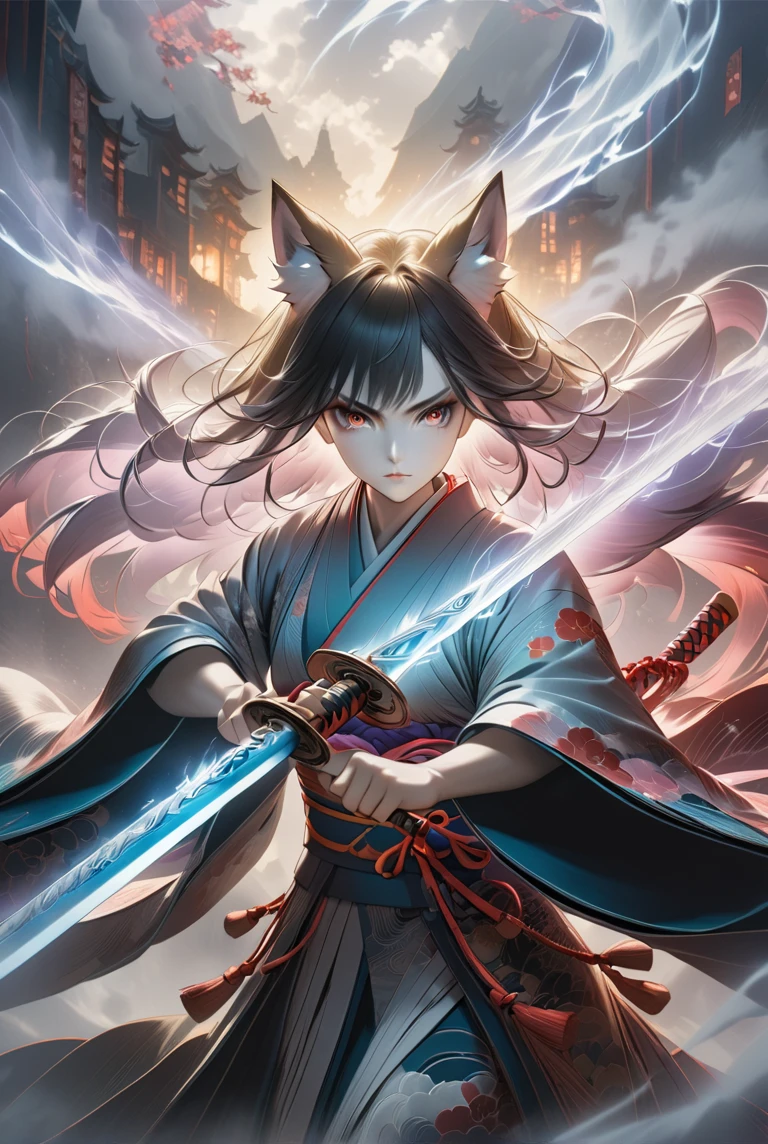  Mysterious Female Fox  (Fox Spirit )    wielding a long magic sword   ,    fog clears with every strong blow   、  Blocking vision   ,   Vivid,   An otherworldly scene emerging   ,    Clarity and haze of Sword Strike shrouded in fog  ,     mystical background,    Clear, strong eyes   {x} The Fox's sharp gaze nails the eye of the viewer,    Mysterious layer of fog enveloping the foreground  ,    Clear, strong eyes   ,   Intricate and Detailed Kimono  ,     Dramatic Lighting and Colors    