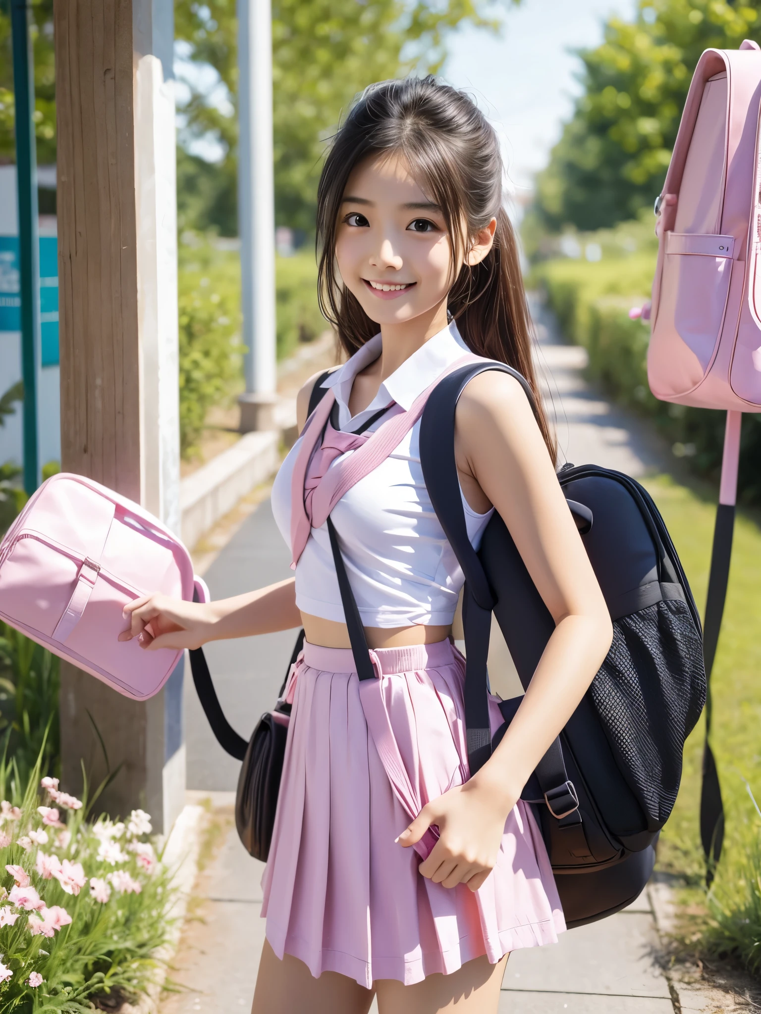 In the ren's park, is , girls wear pink tank tops,Show off her beautiful healthy body , beautiful flowing hair ,black semi-long hair, beautiful detailed eyes from outside the train, perfect body for a lawn, perfect face,((Flat Breasts,( Erected Nipples ))),(( pink school bags :1.5)), smiles gently ,