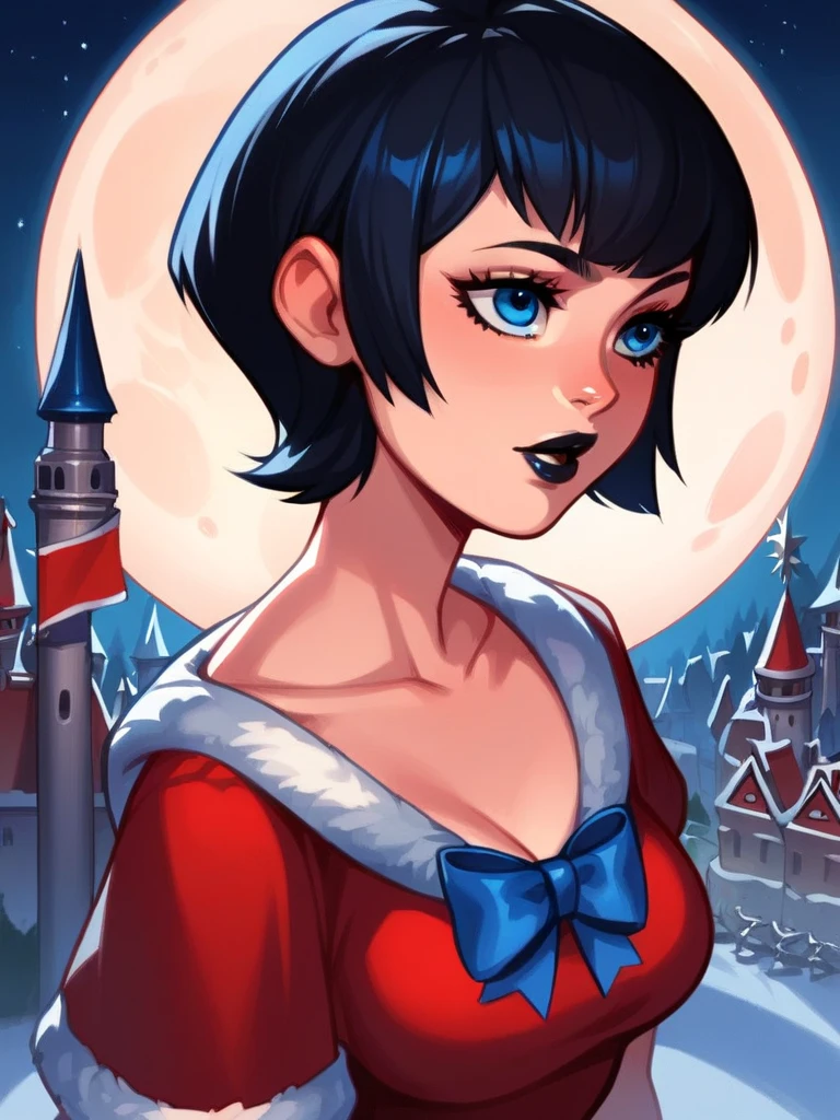  score_9,  score_8_above,  score_7_above, source_animated, source_ cartoon , Musician Thrush, short hair,  black hair,  better quality ,  Perfect Eyes,   portrait, breasts,Lips, black Lips,eyelashes, Blue eyes,  Santa Claus dress, castle, darkness, full moon , Christmas backgrounds,  ribbon banner ,  written "Alex"