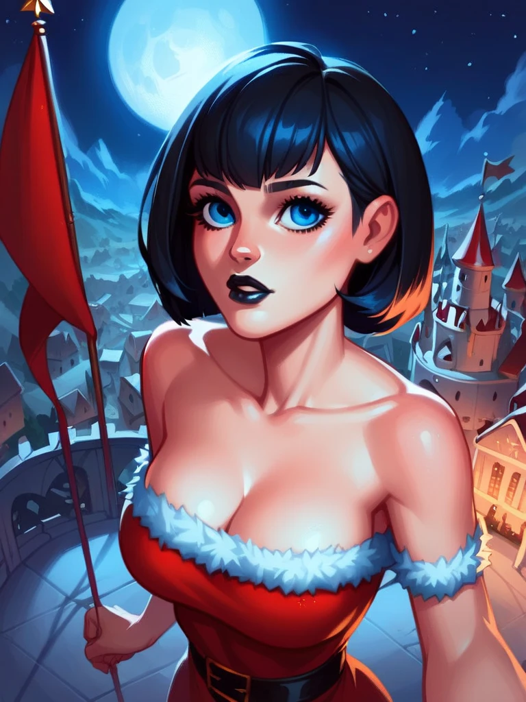  score_9,  score_8_above,  score_7_above, source_animated, source_ cartoon , Musician Thrush, short hair,  black hair,  better quality ,  Perfect Eyes,   portrait, breasts,Lips, black Lips,eyelashes, Blue eyes,  Santa Claus dress, castle, darkness, full moon , Christmas backgrounds,  ribbon banner ,  written "Alex"