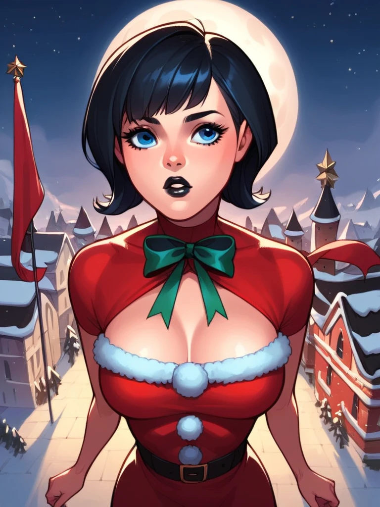  score_9,  score_8_above,  score_7_above, source_animated, source_ cartoon , Musician Thrush, short hair,  black hair,  better quality ,  Perfect Eyes,   portrait, breasts,Lips, black Lips,eyelashes, Blue eyes,  Santa Claus dress, castle, darkness, full moon , Christmas backgrounds,  ribbon banner ,  written "Alex"