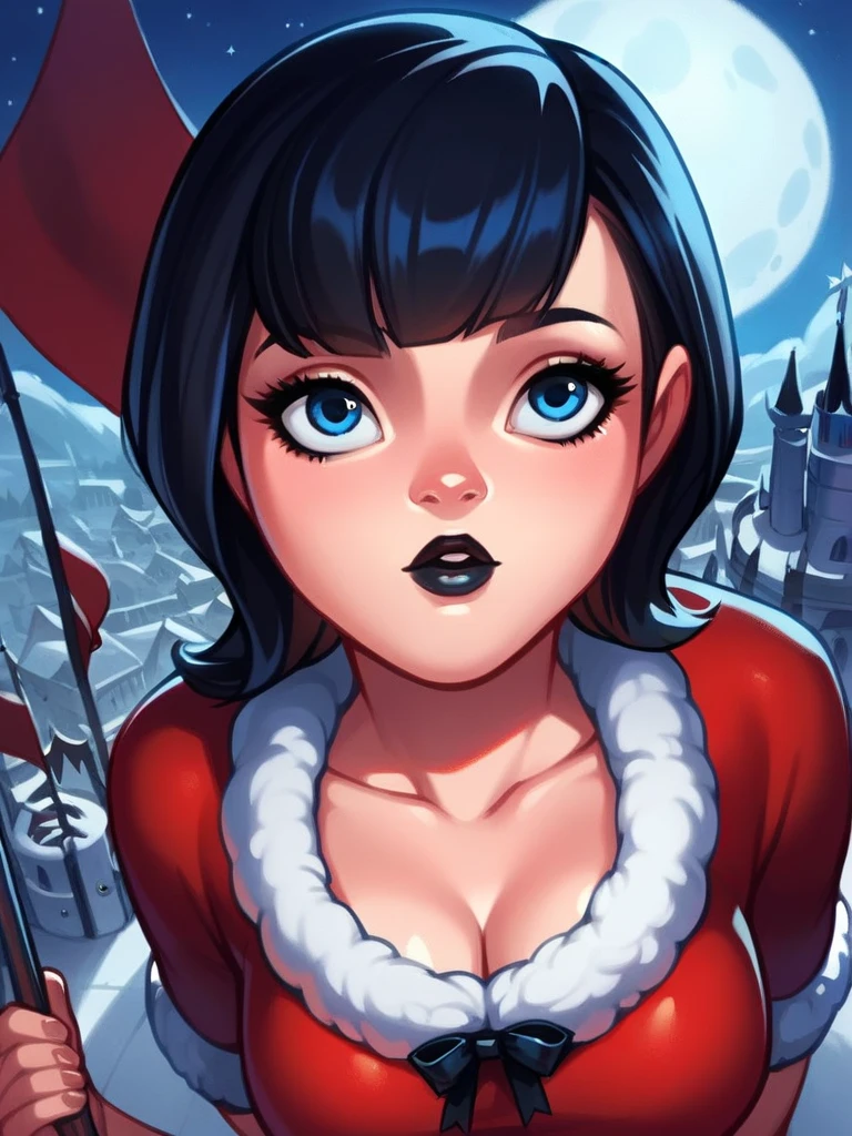  score_9,  score_8_above,  score_7_above, source_animated, source_ cartoon , Musician Thrush, short hair,  black hair,  better quality ,  Perfect Eyes,   portrait, breasts,Lips, black Lips,eyelashes, Blue eyes,  Santa Claus dress, castle, darkness, full moon , Christmas backgrounds,  ribbon banner ,  written "Alex"