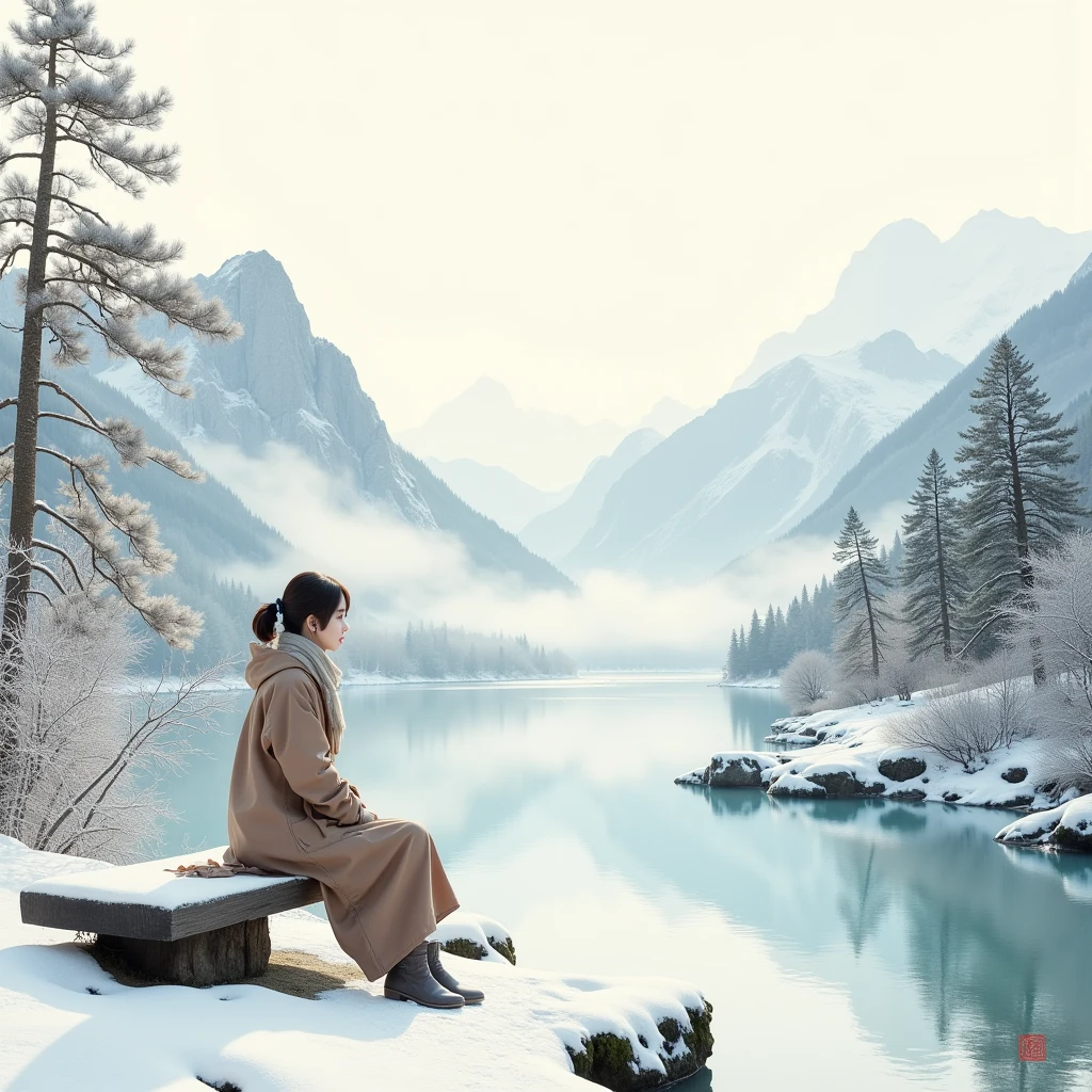 A serene and ethereal winter scene depicted in the style of a hyper-realistic Chinese ink wash (shuimo) painting. A young Japanese woman, dressed in a long, heavy winter coat and a scarf, sits gracefully on a rustic wooden bench near a tranquil, snow-covered lake. The lake is rendered with soft, fluid ink strokes, surrounded by snow-dusted rocky shores and frozen, crystal-clear waters. In the background, undulating mountain ranges are partially veiled in delicate mists, with their peaks blanketed in snow, crafted using expressive brushwork. The trees are adorned with frost and snow, their intricate forms created with precise gradients of ink. The diffused winter sunlight filters through the clouds, captured in soft washes and ink splatters, casting a gentle golden glow over the scene. The composition harmoniously blends traditional shuimo painting techniques with hyper-realistic details, evoking a timeless and dreamlike winter beauty.