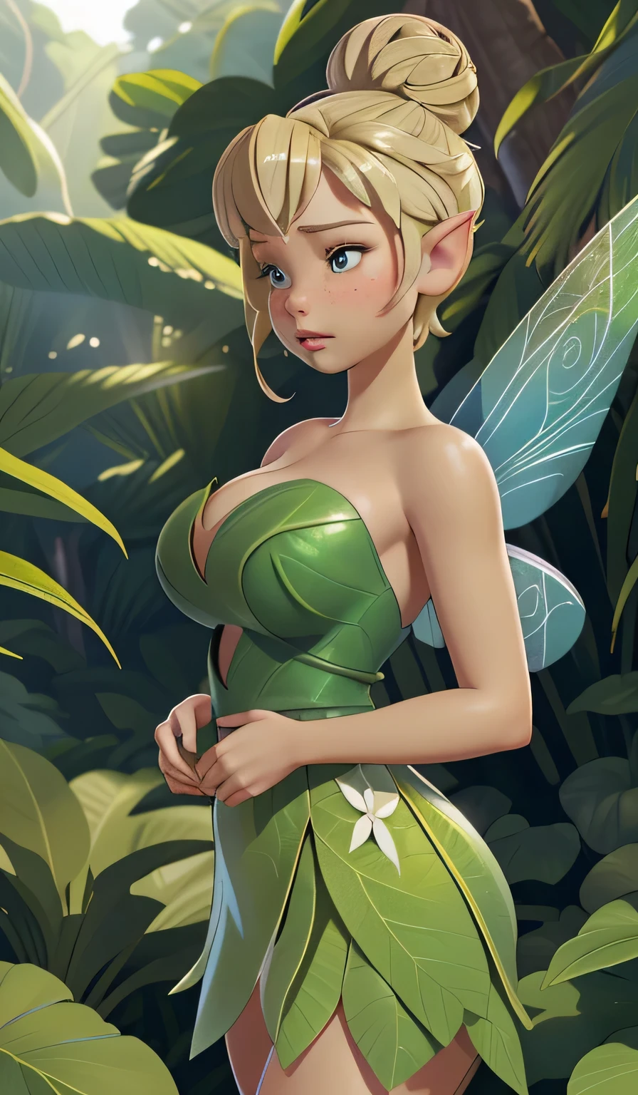 1girl in, age18, Tinkerbell Waifu, photo of perfect woman, miniature ferry, Solo, Aesthetic artwork, (single bun, short hair, Short blonde hair in the bun:1.25), (some small freckles, pale skin, large breasts, DD-cup, runners body, very thin waist, skinny, petite, detailed skin texture), (hugging herself, breasts squish between, sleepy expression, Half-Lidded eyes, glossy lips, focus on breasts:1.2), (fairy wings, big fairy wings, fairy ears), (wearing strapless green dress, Tinkerbell dress:1), (surrounded by giant plants, tiny girl in a huge world, detailed outdoor forest background:1.3), (extremely detailed 8k wallpaper), soft lighting, high quality, film grain, Fujifilm XT3 sharp focus, f 5.6, 50mm, High Detail, Sharp focus,(natural light), crazy details, complex details, hyper detailed. (cowboy photo:1.2), light particles, sfw