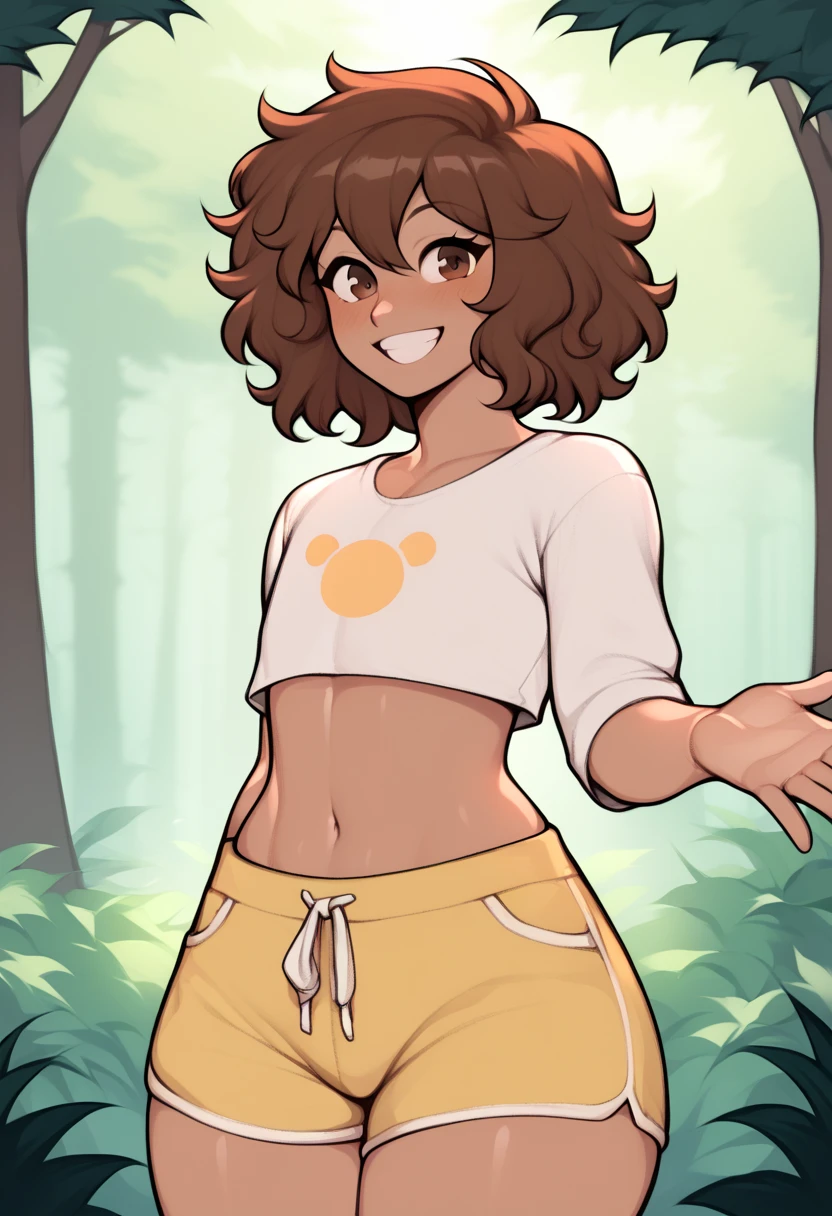 femboy, boy, skinny body, effeminate body, defined body, big ass, big thighs, fair skin, short hair, wavy hair, brown hair, brown eyes, short white cropped, yellow shorts, sexy eyes, silly smile, in a forest, front view
