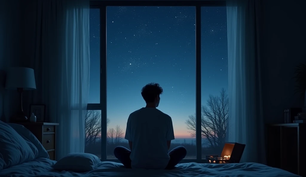 a person who has just woken up in the middle of the night, sitting on their bed, looking at the horizon through a large glass window at a starry sky.