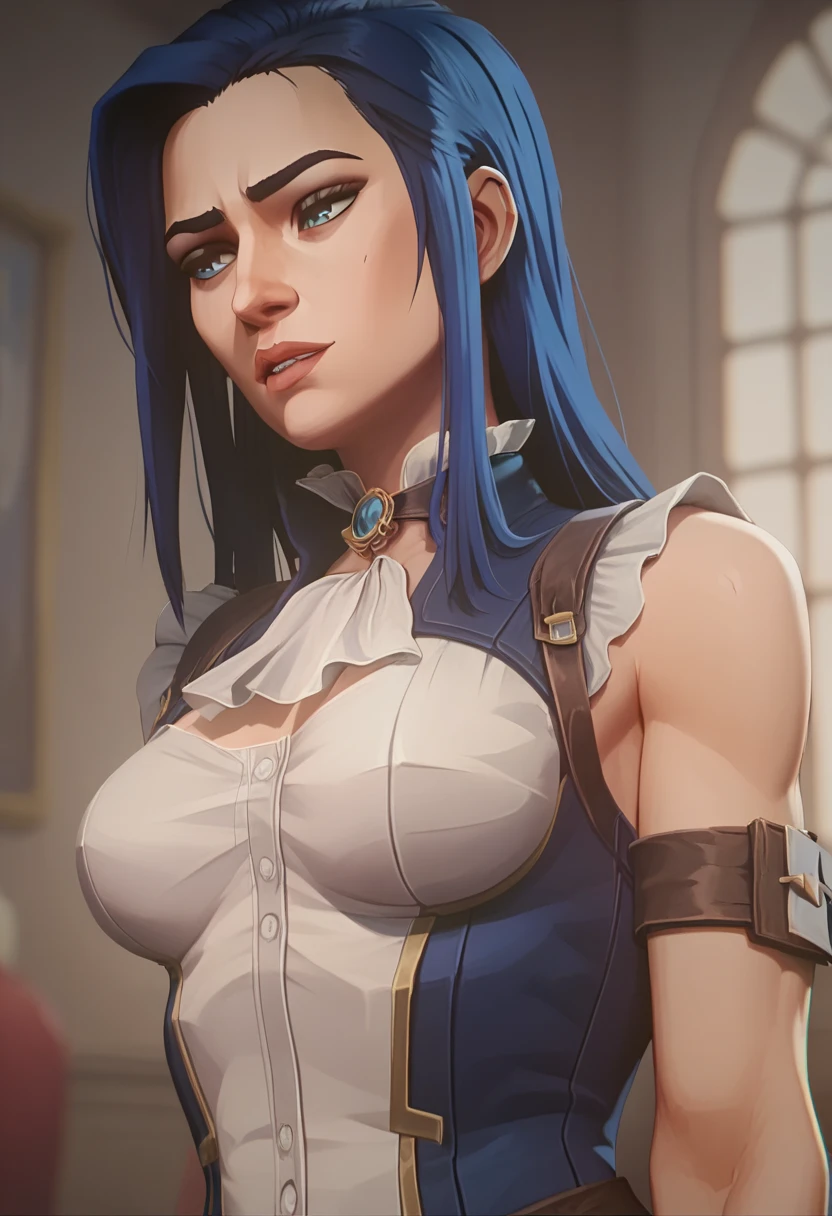 (masterpiece) (best quality) (detailed Caitlyn face), arcane Caitlyn, arcane art style, upper body: sexy, small waist