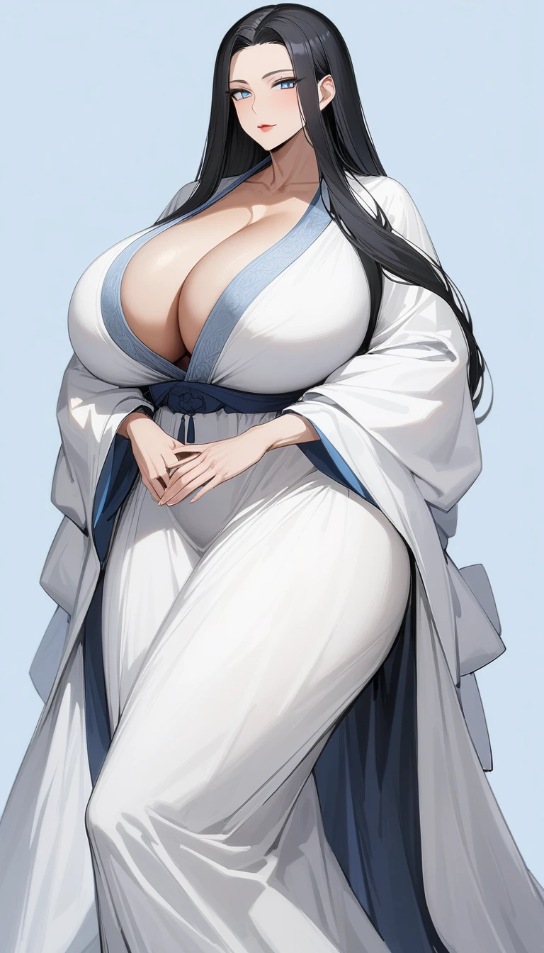 Mature women，Black long hair，White Hanfu , Huge breast , small waist , big butt , Long legs , Ful body , Showing cleavage，Beautiful blue eyes，Extremely detailed，high resolution，Simple background