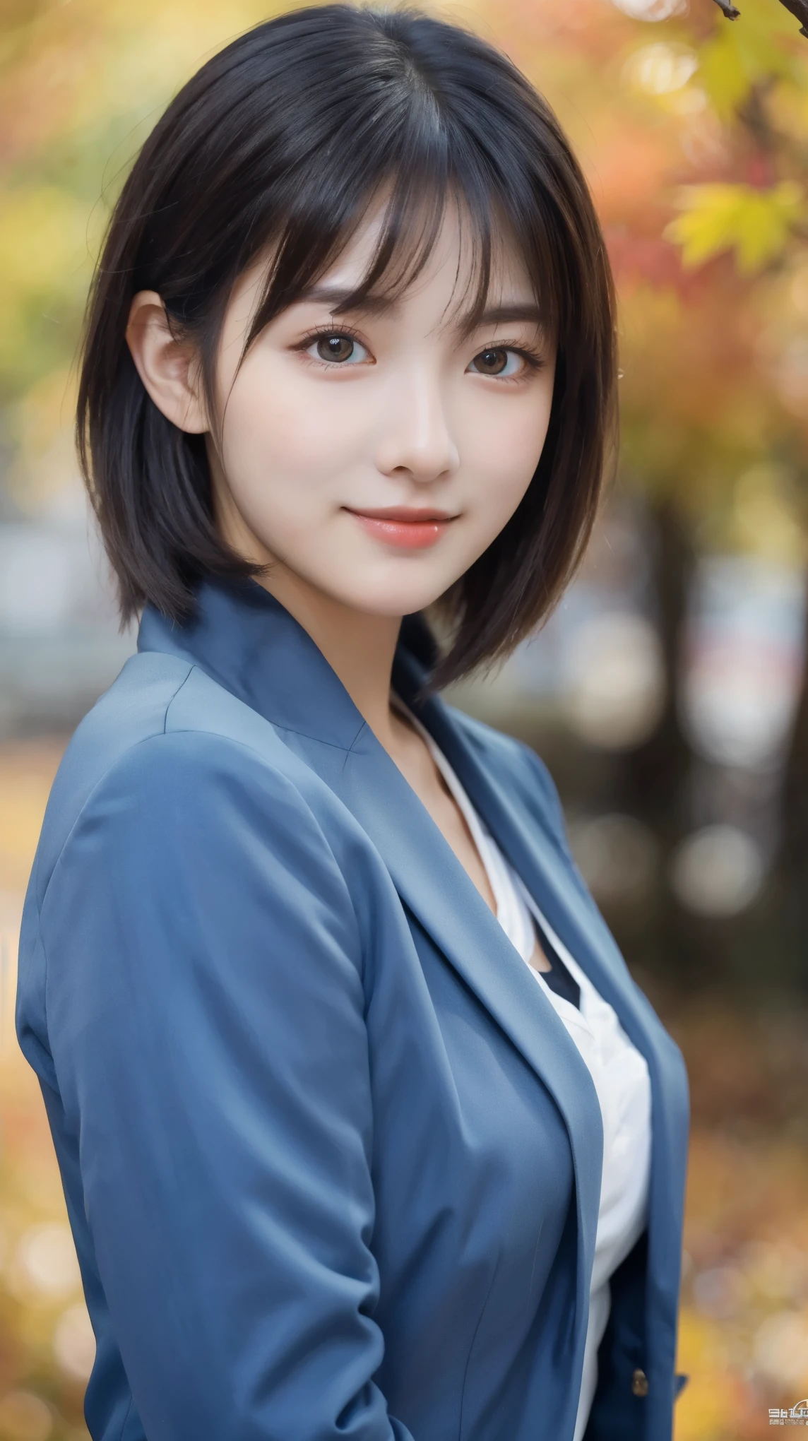 (8k, RAW Photo, Best Quality, Masterpiece:1.2), table top, Ultra Detail, Super Resolution, (Realistic, Realistic Photo:1.37), Portrait, High Detail RAW Color Photo, Professional Photo, Extremely Detailed and Beautiful, Extremely detailed, 8k wallpaper, amazing and detailed, huge file size, official art, highly detailed CG unity 8k wallpaper, highly detailed beautiful girl, highly detailed face, highly detailed eyes, highly detailed skin, highly detailed fingers, highly detailed nose, very detailed detailed mouth , perfect anatomy, highly detailed background, highly detailed clothes, (1 girl in), cute girl, realistic body, fair skin, glowing skin , slim body, handsome body, black hair , semilong hair, (blunt bangs:1.2), smile, cute, youthful, cute face, realistic face, delicate eyes, drooping eyes, looking at viewer, facing front, standing posture, Contraposto, (large breasts), (Perfect Body Proportions), (slender Body Proportions), super sexy pose, (late autumn outfit), Detailed and actual skin texture, (The precincts of autumn leaves),