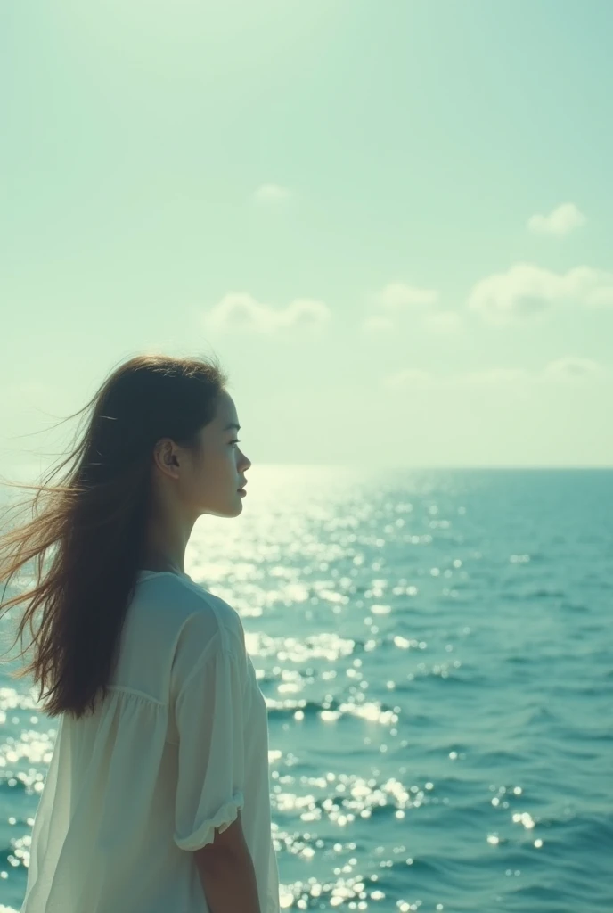 Sunset, sea, Japanese girl in her 20s listening to music with earphones, looking at the sea with a sad face, profile