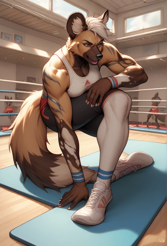 furry,kemono,anthro,
werewolf,wolf ears,wolf tail, dark grey/white fur,blue eyes,
hitting a punching bag in a gym, sweating heavily, musky,
wearing red boxing shorts with a gigantic bulge, black fingerless gloves, black stirrup socks,
pawpads,pink pawpads,
sunny day, alone,