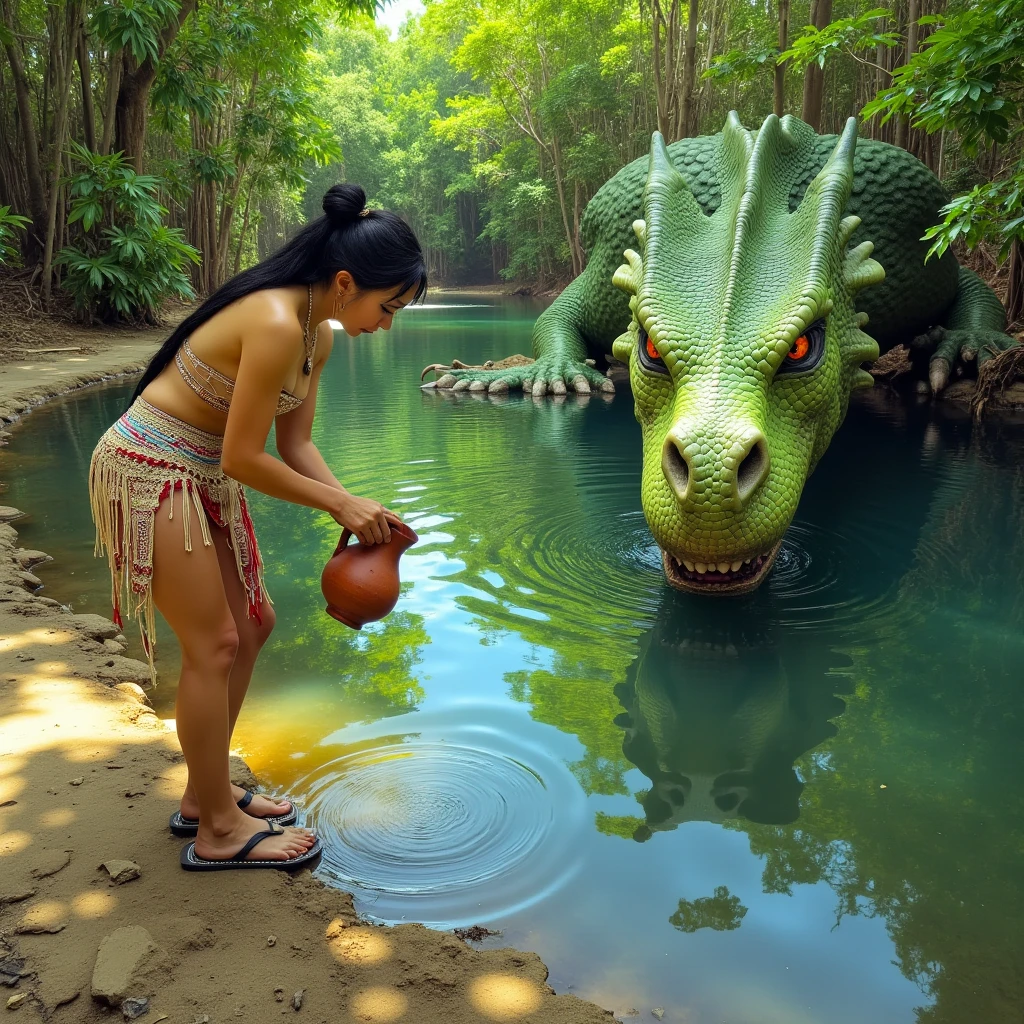 (Art of Boris Valejo, Damsel Peril, Extreme complexity multiple subjects) A cute woman (tribal dress, hair up, sandals, clay pitcher) is filling her pitcher at a tranquil lake, a green dragon slowly swims towards her like a predatory crocodile with only its eyes and a few bends breaking the surface of the water with gentle ripples. The tropical forest is reflected i the water
