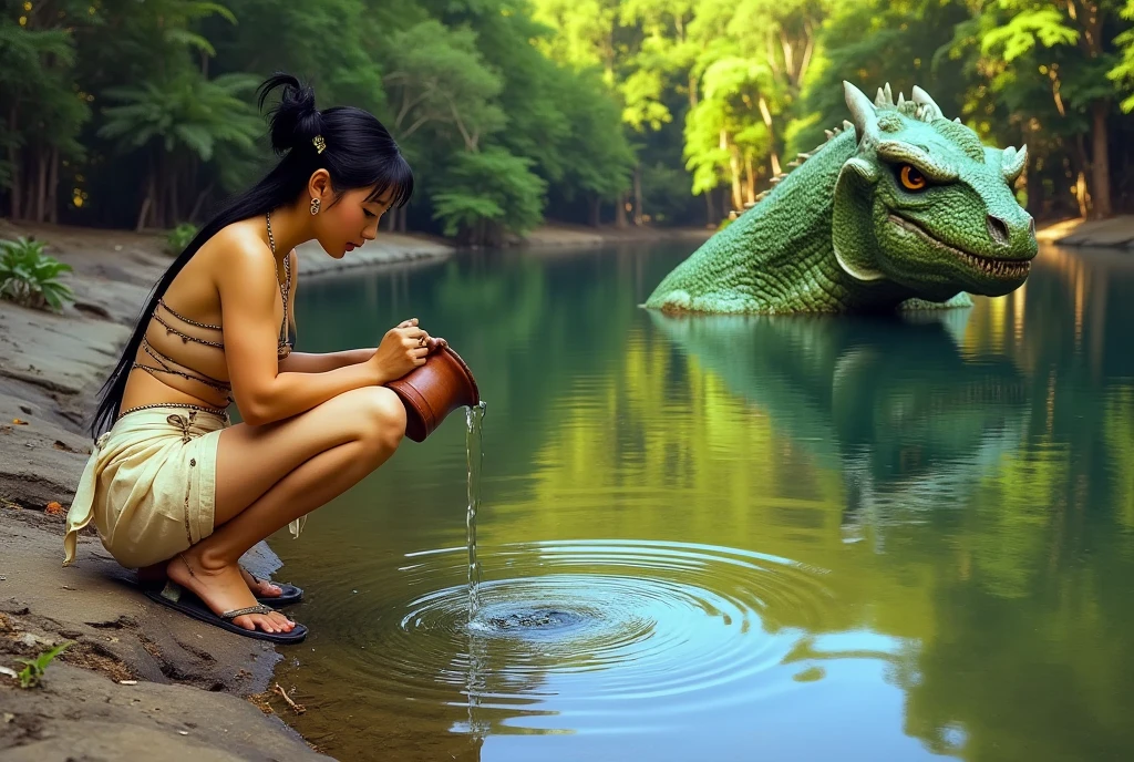 (Art of Boris Valejo, Damsel Peril, Extreme complexity multiple subjects) A cute woman (tribal dress, hair up, sandals, clay pitcher) is filling her pitcher at a tranquil lake, a green dragon slowly swims towards her like a predatory crocodile with only its eyes and a few bends breaking the surface of the water with gentle ripples. The tropical forest is reflected i the water
