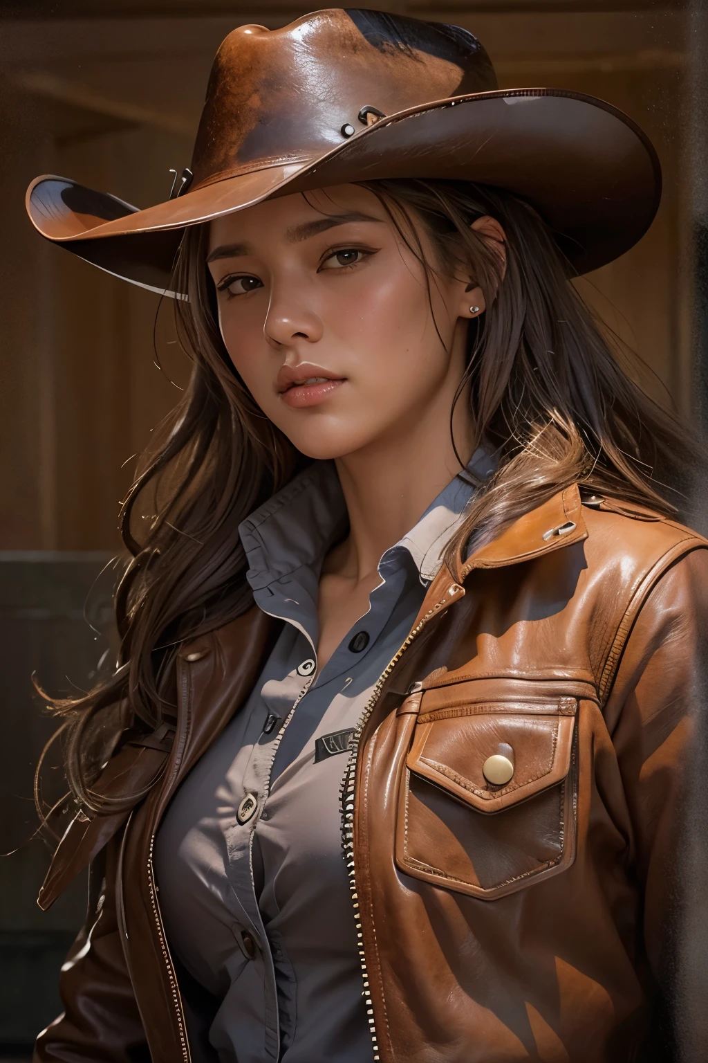 digital portrait, realistic depiction of the human body, RAW photo, one weasten cow girl, Security Officer, gentle gray eyes, plump lips, An ennui look, huge firm bouncing busts, Long brown hair, horse riding, (((Cowboy hat, A worn brown leather Security Officer's jacket,, Jeans short pants, Leather cowboy boots))), highest quality, super resolution, master piece:1.5, medium depth of field, 50mmlens, cinematic lighting, Backlight, professional photographer, , Monument Valley, vast ranch, Sunset, sunset, Herd of cows, Wagon, duel