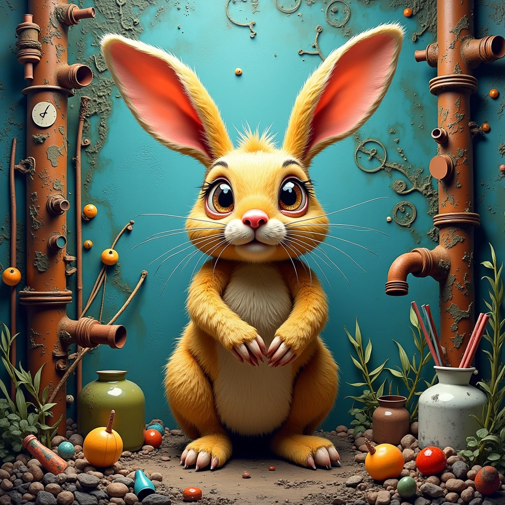 In made of sewage art style, rabbit with background
