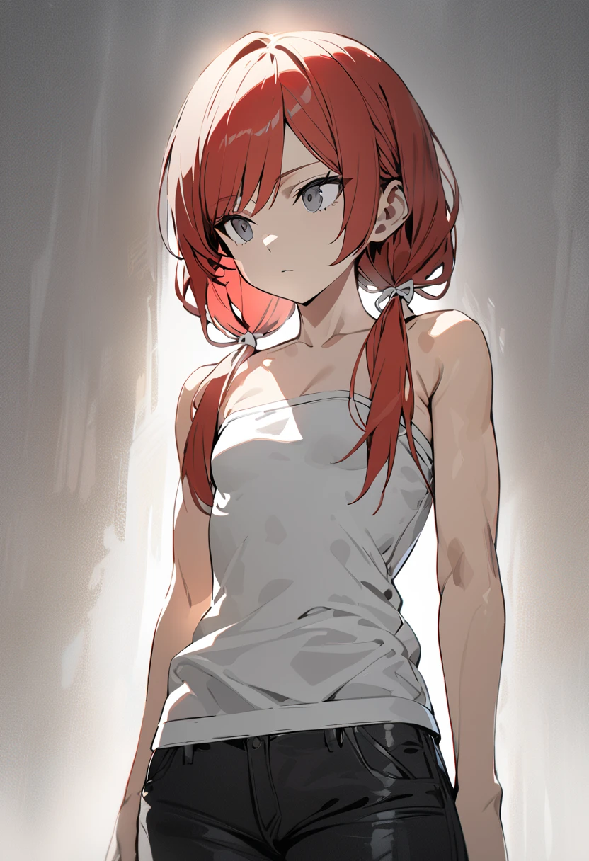 (masterpiece, best quality), 1 stoic girl, stoic, thin, looking to the side, beautiful face,   Gray eyes, red hair, swept bangs, low twin tails, white ribbons, sleeveless, strapless gray tank top with white trim, black jeans, small breasts, toned arms,