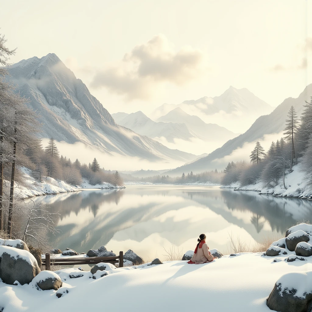 A serene and ethereal winter scene depicted in the style of a hyper-realistic Chinese ink wash (shuimo) painting. A young Japanese woman with long, flowing hair worn down, dressed in a long, heavy winter coat and a red scarf, sits gracefully on a rustic wooden bench near a tranquil, snow-covered lake. The lake is rendered with soft, fluid ink strokes, surrounded by snow-dusted rocky shores and frozen, crystal-clear waters. In the background, undulating mountain ranges are partially veiled in delicate mists, their peaks blanketed in snow, crafted using expressive brushwork. The trees are adorned with frost and snow, their intricate forms created with precise gradients of ink. The diffused winter sunlight filters through the clouds, captured in soft washes and ink splatters, casting a gentle golden glow over the scene. The composition harmoniously blends traditional shuimo painting techniques with hyper-realistic details, evoking a timeless and dreamlike winter beauty