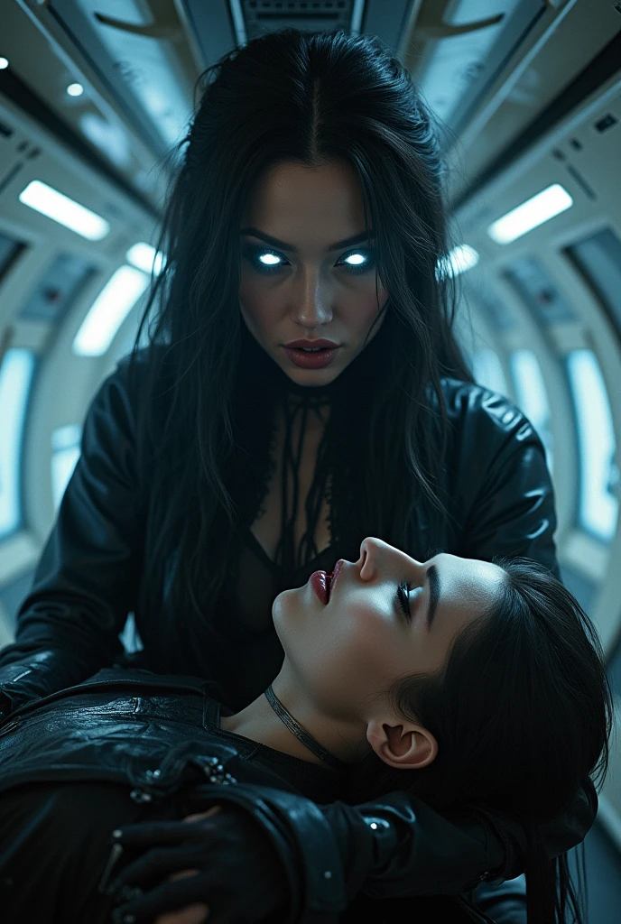Sultry and Beautiful young woman with a soul of pure evil and hatred. brunette haired, blue eyed supervillain dressed in a sleek skintight black costume with white stars all over, white thigh high boots and white 3 quarter sleeve gloves. She is using her power over gravity to kill a costumed hero with black hair dressed in a blue and silver costume.  He is in agony. She has a smile crossing her thin black lips. The setting is inside an alien spaceship.