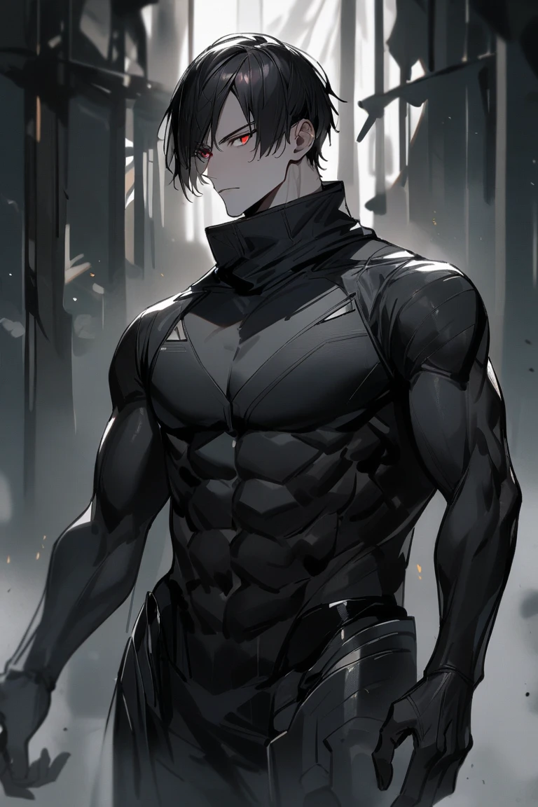 (flat color:1.1),(masterpiece:1.2), best quality, masterpiece, original,short black spiky hair, (mature handsome anime man looking at the camera with a smug expression:1.2), wearing prison uniform, convicted felon