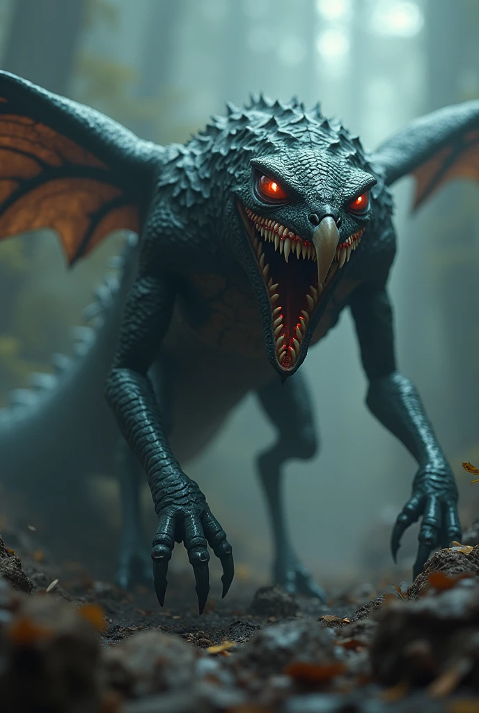 (photorealism:1.2), flying monster with a penis attacking people, blood on the ground, limbs on the ground, jungle environment, realistic