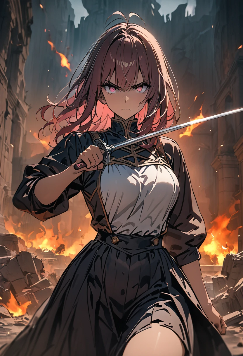 masterpiece, best quality, 8k, 1 woman ((30 years old)), She is wearing a fencer's outfit, ((fencer's pose)), she is using a rapier, looking defiantly at the viewer, serious, the background is a destroyed temple with fire around it