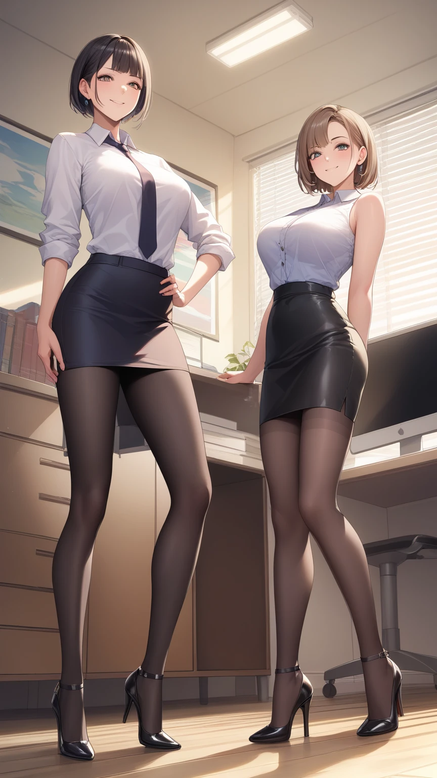 (masterpiece), best quality, expressive eyes, perfect face, 1woman, solo, mature woman, ((business suit)), jacket, pencil skirt, mini skirt, stockings, black panties, brown hair, short hair, large breast, large butt, cleavage, thighs, full body, smile, ((turn up the skirt)), look back, from behind, low view, classroom,