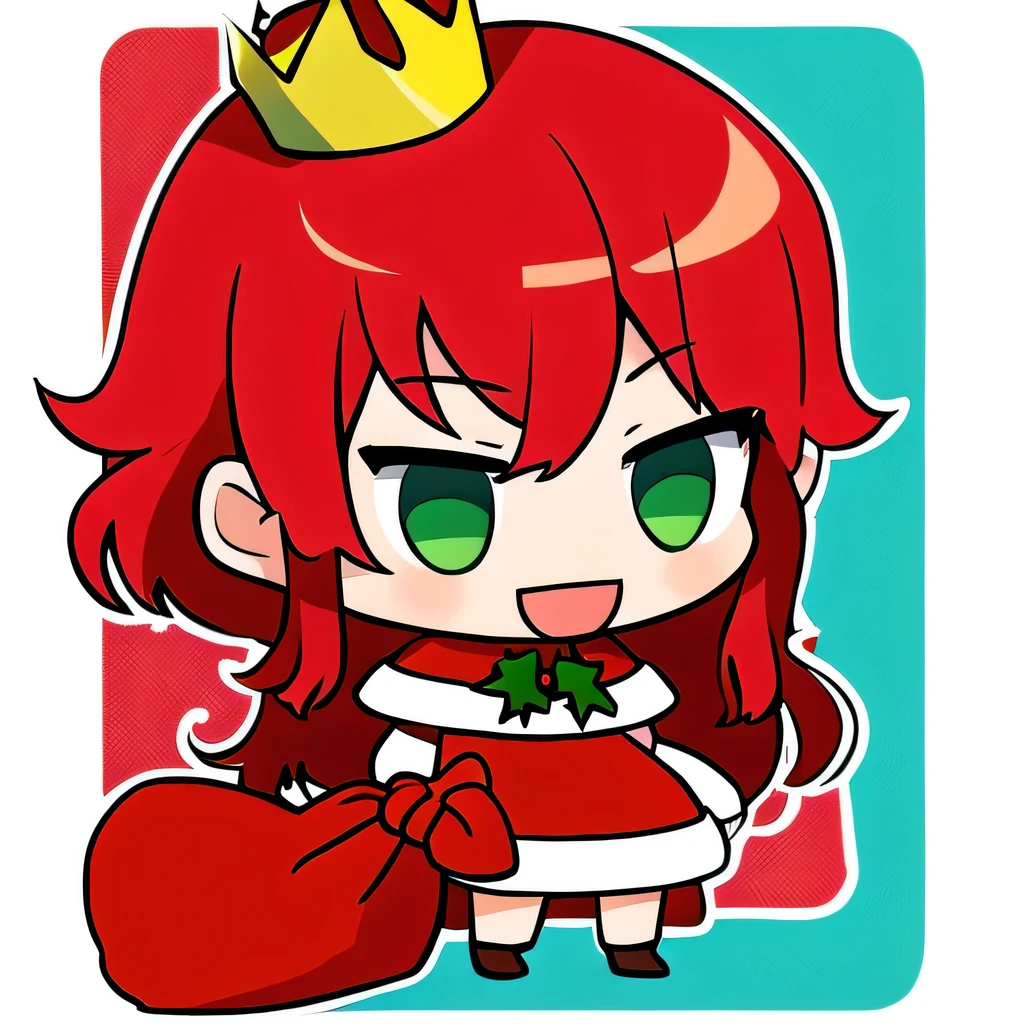  high definition,  High Quality ,   Masterpiece , beautiful,  decent meme ,  1 girl, bag, holding bag, :d, Santa, crown,   blue and red hair, Curly hair,  Shortcut, Green Eyes,  