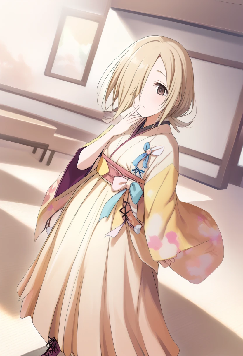  1 girl, (((Shirasaka Koume,  blonde hair ,  hair covering one eye ,  shorthair,  Brown Eyes ,  flat chested)))
, Dutch angle ,  wide shot, , Japanese clothing ,  Long Skirt , kimono ,  Yagasuri  , cross-laced footwear ,  knee high boots  ,, 
 best quality,medium quality,, Mika Jougasaki,  1 girl, Pink Hair, Alone,  yellow eyes