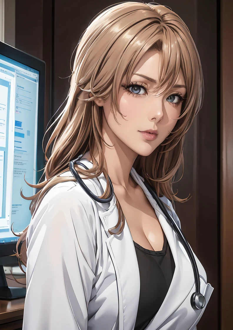 (( best quality)), (超 high definition), ( very detailed), (Detailed explanation), (( best CG  )), ( Masterpiece ), Super Fine Art 、( best quality, 8k, 32K), ( realistic :1.2), ( high definition),  very detailed,  very pretty face and eyes , 1 female、((Sexy female doctor:1.3)),  Thin Waist, Delicate body, ( best quality,  Attention to Details , Skin Details), ( best quality, 8k, Oil paints:1.2),  very detailed、Female doctor working the night shift at the hospital 、 a dim hallway 、 nurse station 、 pale fluorescent light 、 serious expression、(Wearing a white coat、Stethoscope hanging around neck)、Have a medical record、 in front of the computer screen 、The sound of a nurse call 、 Quiet Atmosphere 、 looks tired yet full of sense of mission、 realistic depiction 、 high definition 、Carefully crafted down to the last detail、( Seduce Your Viewers:1.7)