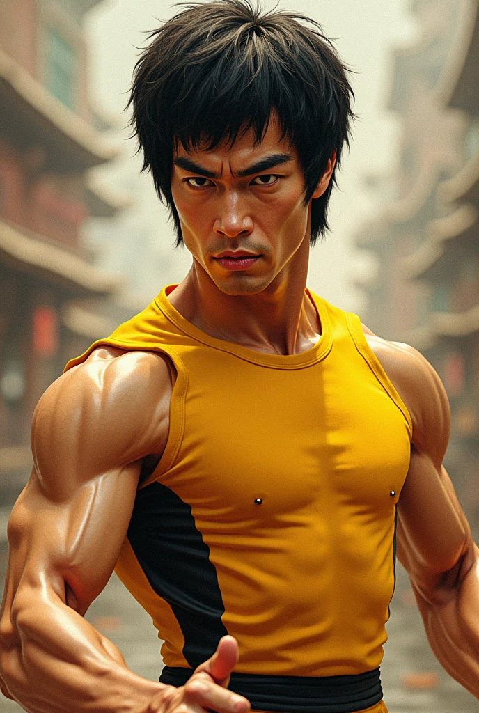 a close up of Bruce Lee a yellow and black costume, high detail iconic character, character from mortal kombat, portrait of bruce lee, cg artist, highly detailed exquisite fanart, fan art, photorealistic fan art, ross tran 8 k, daz 3d, daz 3 d, daz3d, by ruan jia and stanley artgerm, inspired by Li Kan