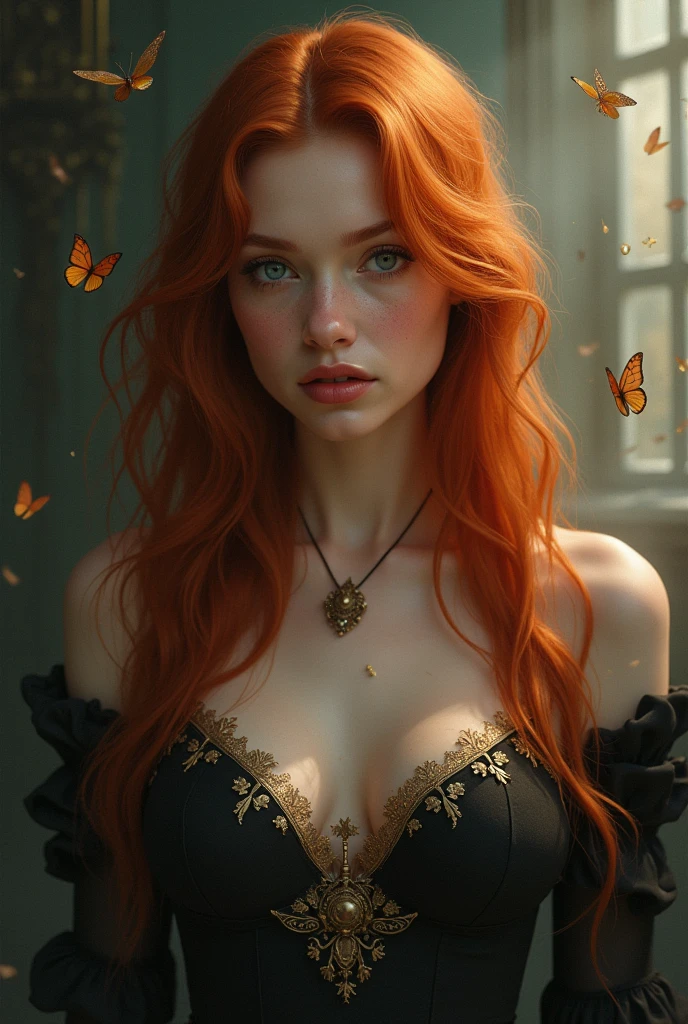 (solo, full body photo:1.3), (action packed:1.3), (haze, fog, mist:1.3), chiaroscuro, best quality, photorealistic, 1woman, (cute), (24yo:1.2), redhead, long ginger hair highly detailed, 1700'S, digital photography, art by artgerm and ruan jia and greg rutkowski surreal painting gold butterfly filigree, broken glass, (masterpiece, sidelighting, finely detailed Fashionable eyes: 1.2) (perfect oval large eyes that gazes at the viewer), beautiful detailed face, blue gorgeous perfect eyes, (blonde hair ponytail), (attractive young woman:1.3), (thick amazing hair), (seductive:1.1), (blushing:1.1)