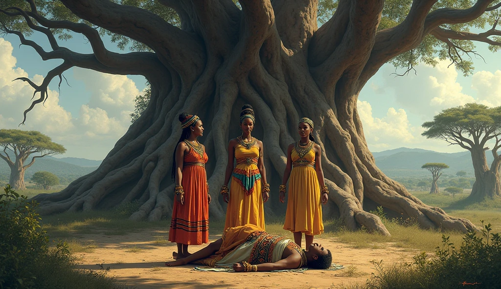 Ethiopian Queen Saba sitting on her four bridesmaids shoulder 