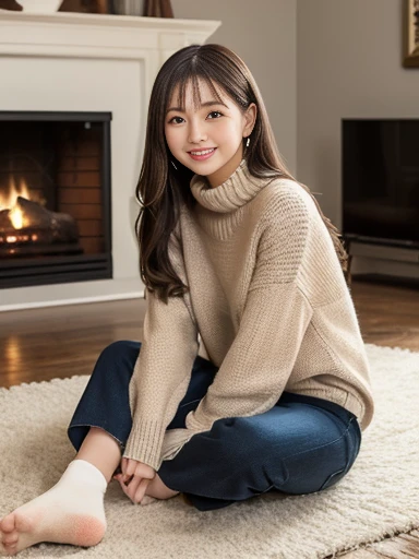 ulzzang -6500-v1.1, (Raw photo:1.2), (Photorealsitic), a beautiful detailed girl, (Real: 1.4), extremely detailed eye and face, beatiful detailed eyes,((Japan Girls Winterwear ))、((Wearing ultra-realistic pantyhose)), selfee、Instagram、game_nffsw, huge filesize, hight resolution, ighly detailed, top-quality, [​masterpiece:1.6], illustratio, ighly detailed, nffsw, finely detail, top-quality, 8k wallpaper, Cinematographic lighting, 1girl in, 17 age, perfect body type, cute droopy eyes beautiful big eyes、Pieckfinger, ((masutepiece)), Best Quality, 1girl in, eye shadow, Portrait, ((FULL BODYSHOT:1.4))、(Very affectionate smile:1.2)、sitting on a rotten tree,((Dynamic Pose)), Snow and winter background, Playing in the snow, snowball,　realistic skin textures、shinny skin、Exposed thighs!!!