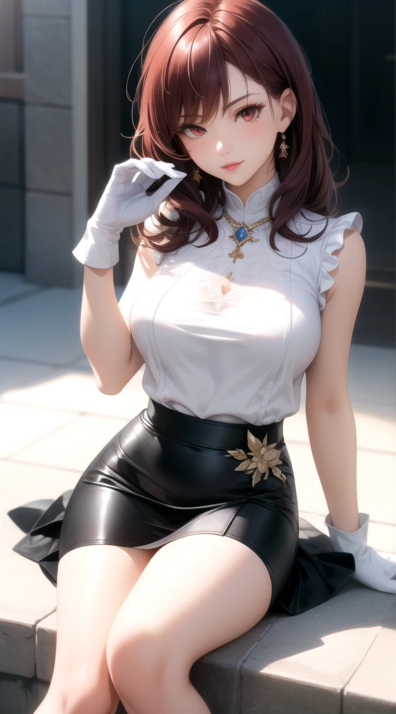 8K UHD, Digital SLR, Soft lighting, High quality, ((best quality)) ((best quality)), ((masterpiece)), (detailed), 4k image, anime style, beautiful teenage anime girl, black color A-line pleated skirt, white shirt, fair caramel brown skin, symmetrical face, plump lips, blood red vermillion eyes, thin circular frame transparent nerdy glasses, African looks, small breasts, toned thin slender body, small narrow waist, short height, waist length pixie cut hair, sleek dark red hair, hips, phoenix eyes, small nose, European style , white color sheer thigh-high stockings, low-top boots
