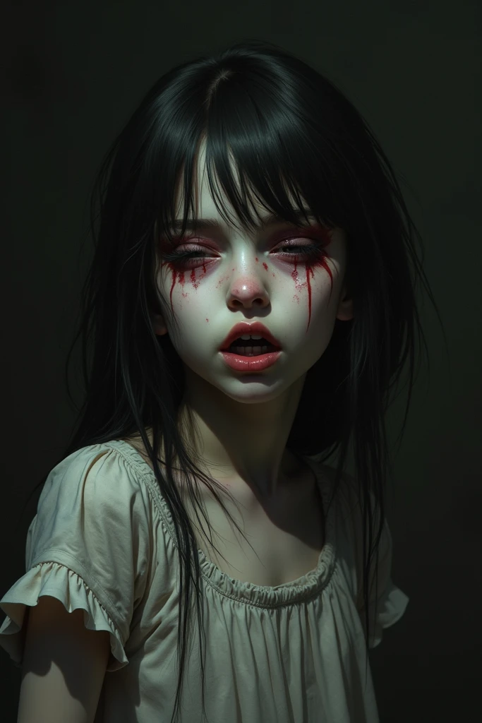 Dark fantasy, a child with a mouth ripped to the ears, big fangs, girls, horror, abominable atmosphere, curse, black magic, evil spirits --auto --s2