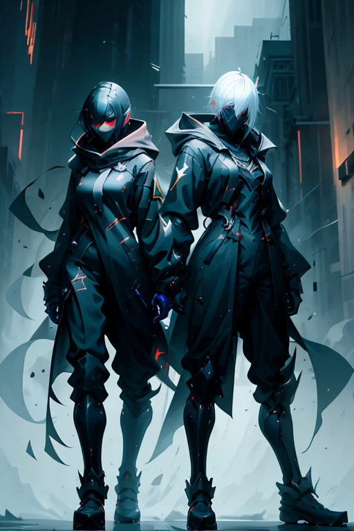 A boy in a black coat with a dragon mask next to a girl with white and gold hair 