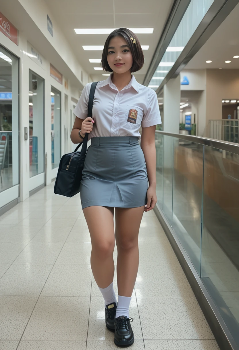 beautiful Indonesian female student, short hair, wearing white , gray skirt, mini skirt, short skirt, tight skirt, white socks, black shoes, carrying a school bag, standing on the escalator, about to go down, photo taken from the bottom of the escalator, realistic, ultra hd, mall atmosphere,.