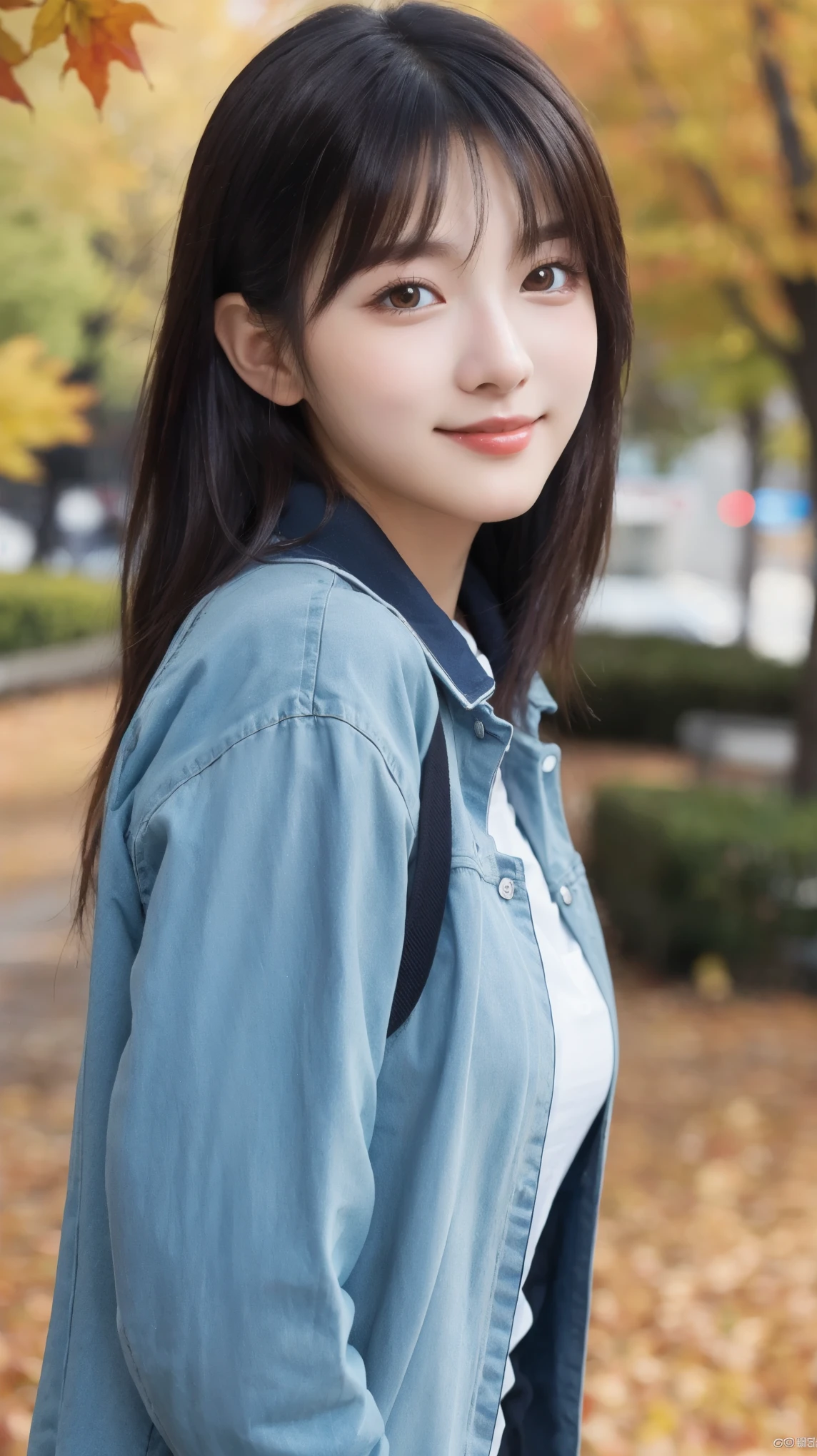 (8k, RAW Photo, Best Quality, Masterpiece:1.2), table top, Ultra Detail, Super Resolution, (Realistic, Realistic Photo:1.37), Portrait, High Detail RAW Color Photo, Professional Photo, Extremely Detailed and Beautiful, Extremely detailed, 8k wallpaper, amazing and detailed, huge file size, official art, highly detailed CG unity 8k wallpaper, highly detailed beautiful girl, highly detailed face, highly detailed eyes, highly detailed skin, highly detailed fingers, highly detailed nose, very detailed detailed mouth , perfect anatomy, highly detailed background, highly detailed clothes, (1 girl in), cute girl, realistic body, fair skin, glowing skin , slim body, handsome body, black hair , semilong hair, (blunt bangs:1.2), smile, cute, youthful, cute face, realistic face, delicate eyes, drooping eyes, looking at viewer, facing front, standing posture, Contraposto, (large breasts), (Perfect Body Proportions), (slender Body Proportions), super sexy pose, (late autumn outfit), Detailed and actual skin texture, (The precincts of autumn leaves),