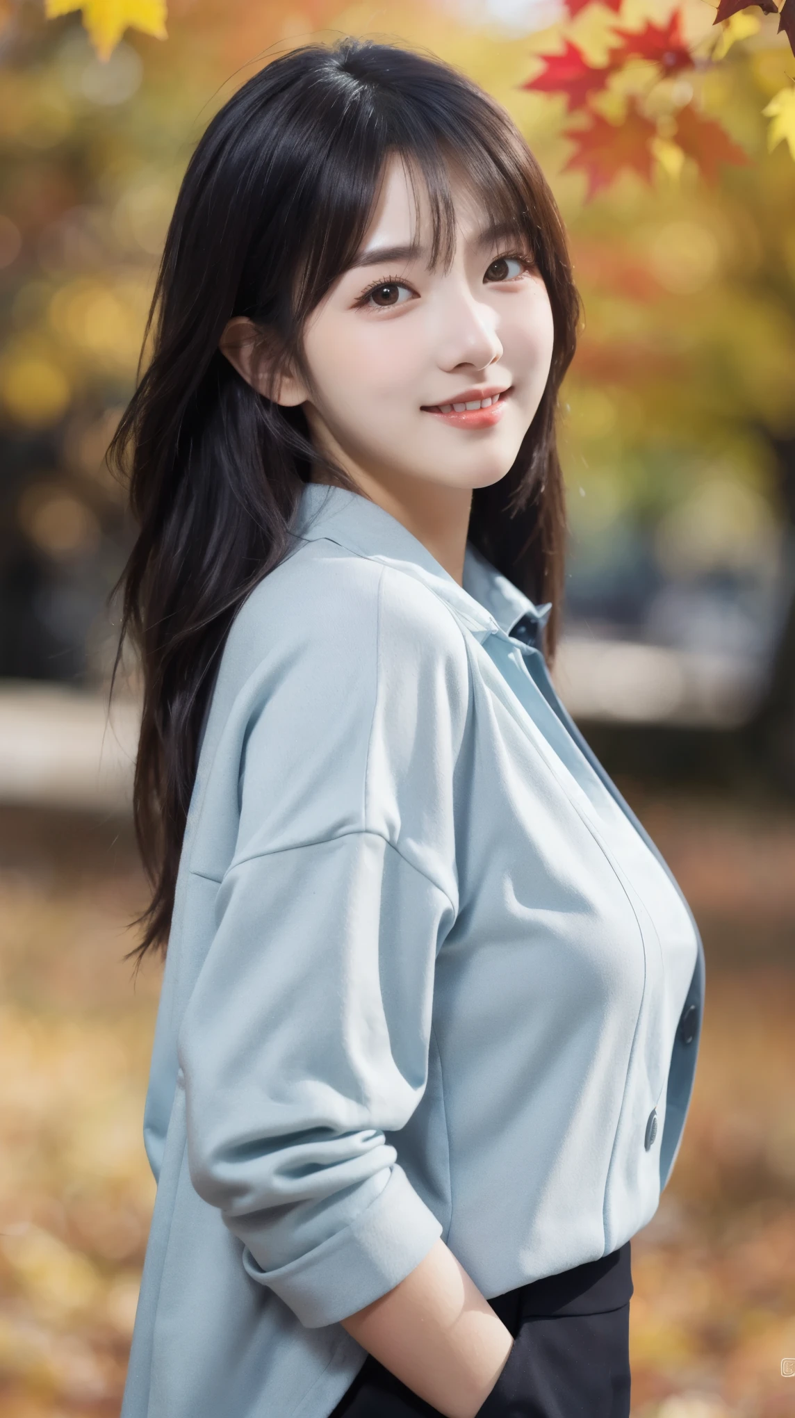 (8k, RAW Photo, Best Quality, Masterpiece:1.2), table top, Ultra Detail, Super Resolution, (Realistic, Realistic Photo:1.37), Portrait, High Detail RAW Color Photo, Professional Photo, Extremely Detailed and Beautiful, Extremely detailed, 8k wallpaper, amazing and detailed, huge file size, official art, highly detailed CG unity 8k wallpaper, highly detailed beautiful girl, highly detailed face, highly detailed eyes, highly detailed skin, highly detailed fingers, highly detailed nose, very detailed detailed mouth , perfect anatomy, highly detailed background, highly detailed clothes, (1 girl in), cute girl, realistic body, fair skin, glowing skin , slim body, handsome body, black hair , semilong hair, (blunt bangs:1.2), smile, cute, youthful, cute face, realistic face, delicate eyes, drooping eyes, looking at viewer, facing front, standing posture, Contraposto, (large breasts), (Perfect Body Proportions), (slender Body Proportions), super sexy pose, (late autumn outfit), Detailed and actual skin texture, (The precincts of autumn leaves),