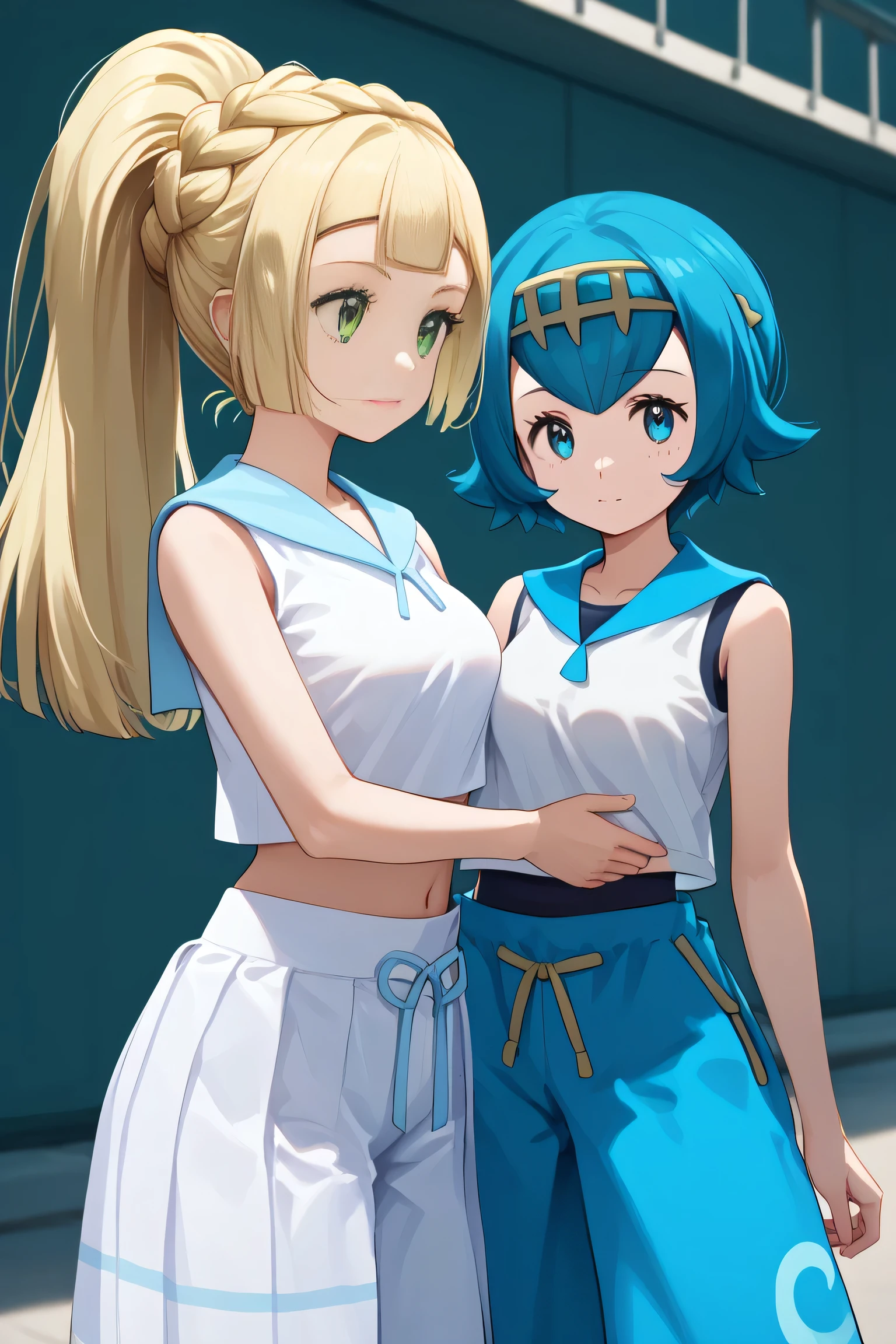 score_9, score_8_up, score_8, medium breasts, (curvy), cute, eyelashes,      ,,,  LllLn, 2girls,  zzLana, yellow hairpiece, blue hair,  zzlillie, long hair, ponytail, French braid,  zzLana, yellow hairpiece, blue hair, white shirt, sleeveless shirt,  sailor collar, blue pants, baggy pants, zzlillie, long hair, ponytail, French braid, white shirt, short sleeves, white skirt, pleated skirt,  cowboy shot,   ,embedding:zPDXL, Expressiveh, 