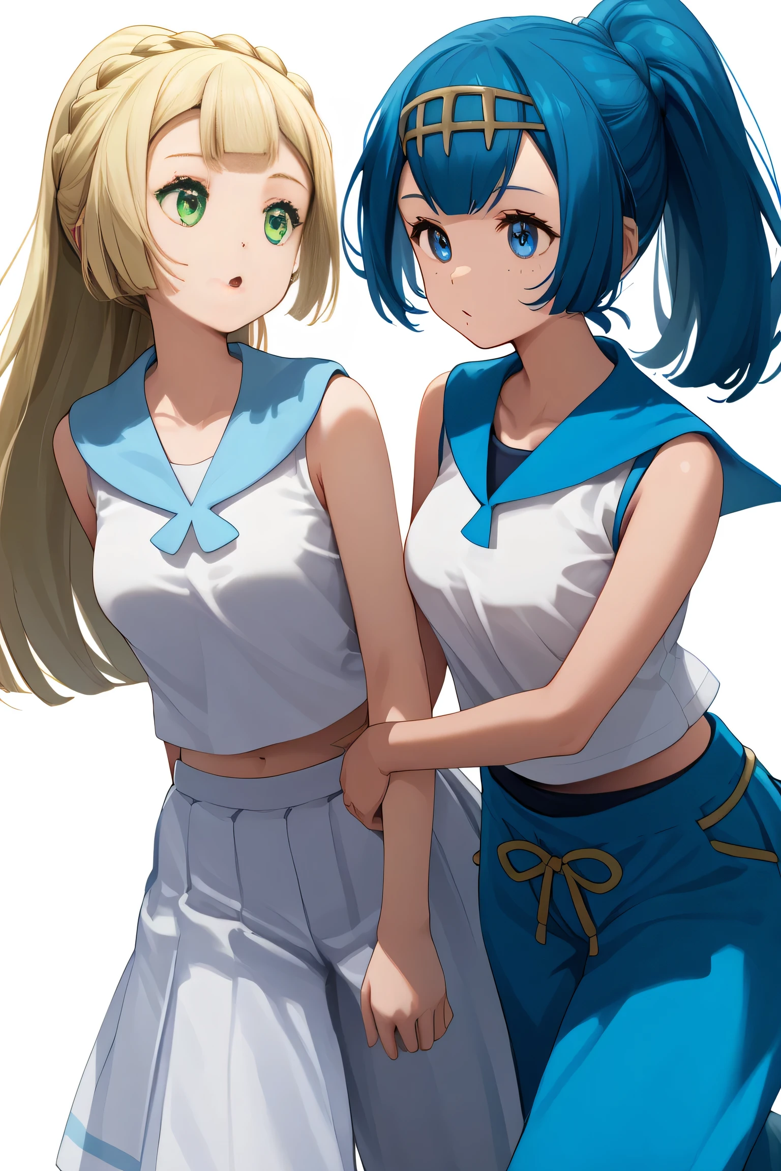 score_9, score_8_up, score_8, medium breasts, (curvy), cute, eyelashes,      ,,,  LllLn, 2girls,  zzLana, yellow hairpiece, blue hair,  zzlillie, long hair, ponytail, French braid,  zzLana, yellow hairpiece, blue hair, white shirt, sleeveless shirt,  sailor collar, blue pants, baggy pants, zzlillie, long hair, ponytail, French braid, white shirt, short sleeves, white skirt, pleated skirt,  cowboy shot,   ,embedding:zPDXL, Expressiveh, 