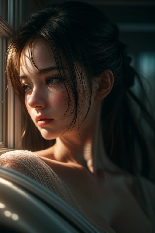 (score_10,score_9_up,score_8_up,score_7_up,score_6_up,source_anime,rating_explicit),(uncensored),profile,<lora:4kFacePonyXL:1>,4kfaceponyxl,1girl,light_blush,looking_at_viewer,depth of field,black theme,medium breasts,contour_deepening,chromatic_aberration,bokeh,body blush,refraction,film grain,(real life insert:1.5),messy hair,adult,