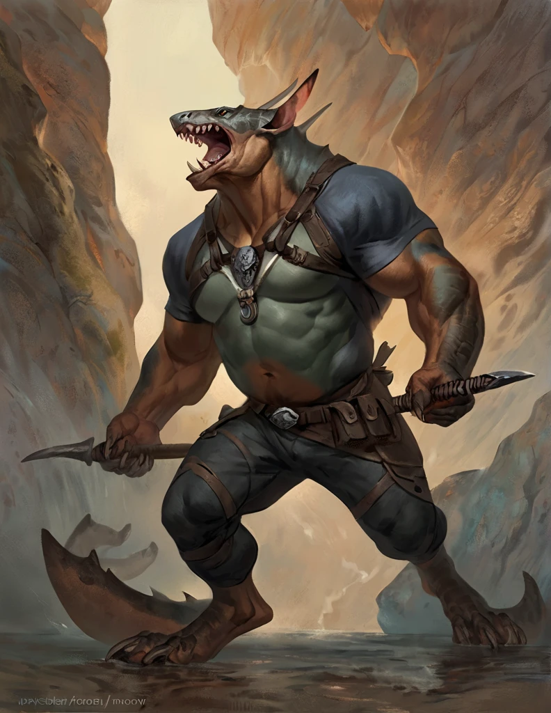 Sharkfolk, bull shark, comic book style, illustration, solo, ferocious, male, standing, mercenary, pants, masterpiece, best art, full body, by laobai, by taran fiddler, by honovy, detailed eyes, detailed body, claws, masculine body shape, fantasy, tall, topless, pecs, pants, belts on chest