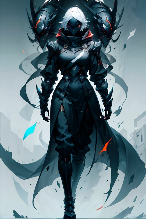 A boy in a black coat with a dragon mask next to a girl with white and gold hair 