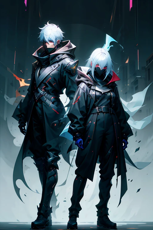 A boy in a black coat with a dragon mask next to a girl with white and gold hair 