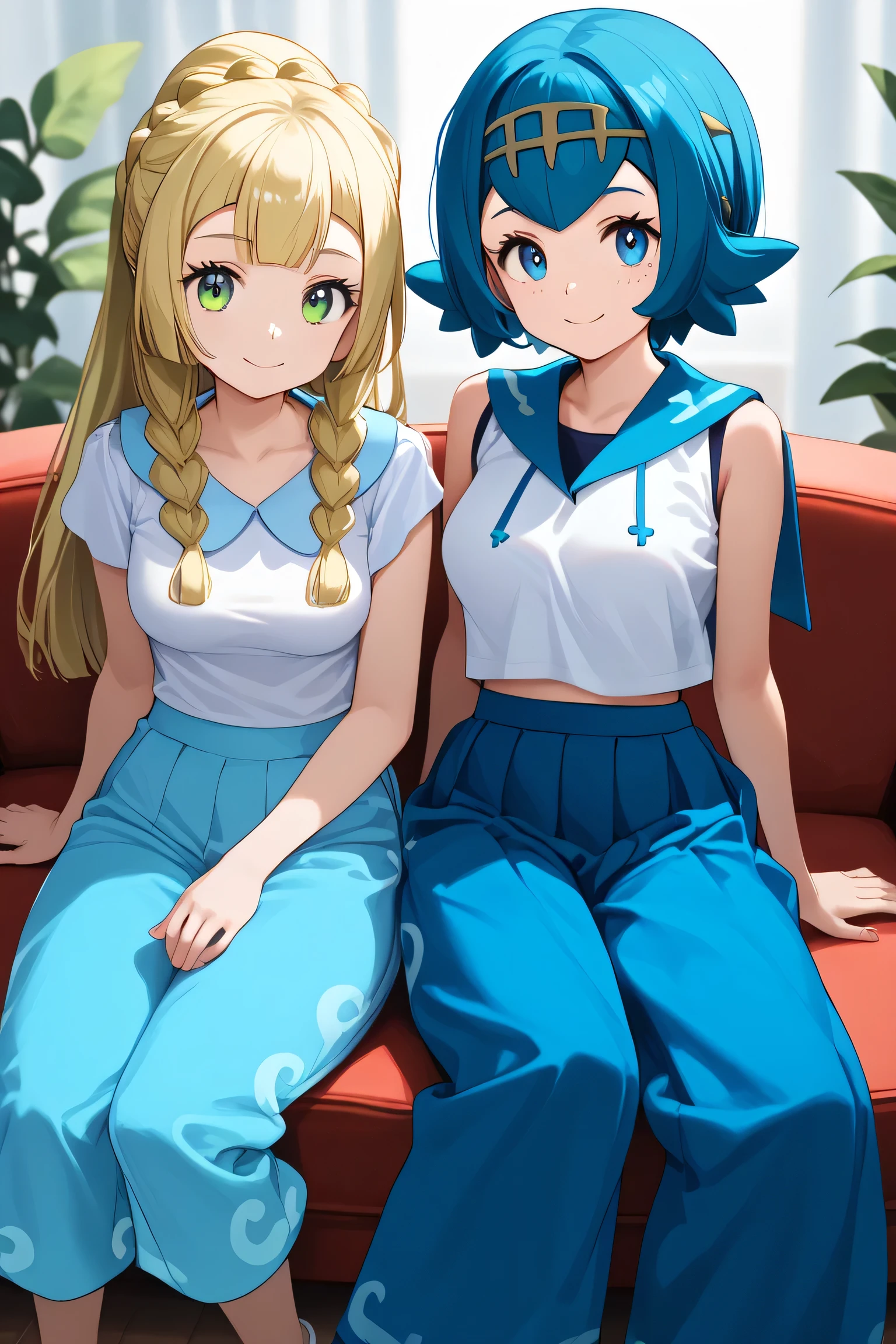 score_9, score_8_up, score_8, medium breasts, (curvy), cute, eyelashes,       ,,, , LllLn, 2girls,  zzLana, yellow hairpiece, blue hair, white shirt, sleeveless shirt,  sailor collar, blue pants, baggy pants, zzlillie, long hair, French braid, white shirt, short sleeves, white skirt, pleated skirt, ,BREAK, ,,, smile, looking at viewer, blush, blurry, couch, sitting, ,,, shiny skin, embedding:zPDXL, Expressiveh, 