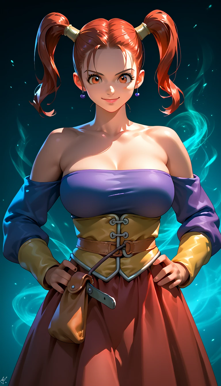  1 girl, Alone,  standing,  Confident Look ,  put your hands on your hips , Bare shoulders, Red Hair,  twin tails,  young woman,  Jessica Albert , Dragon Quest VIII ,  clevis,smile, Big Breasts, amount, hair intakes,  Jessica Albert  clothes, Long Red Skirt,  vibrant colors, Realistic lighting,  detailed skin,  detailed face ,  Front Shot ,  Leaning on the Camera ,  Masterpiece ,  best quality,  detailed background,  anime style ,  high definition ,  high definition,  complicated,  sharp concentration,  cute face